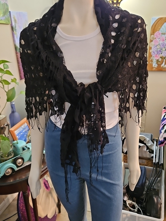 Accessories - Black Openwork Fringe Shawl Wrap